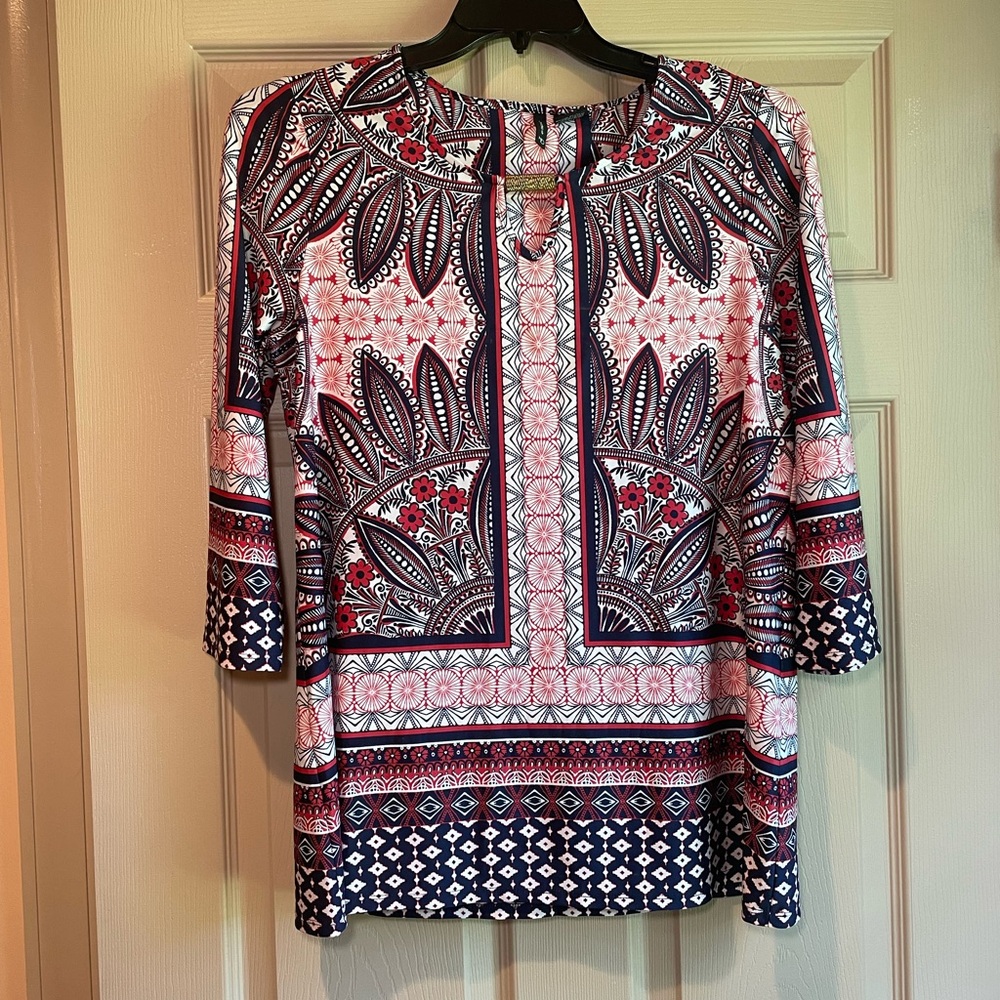 New Directions Women's Multicolor Patterned Top with Gold Detail, Size Medium‎